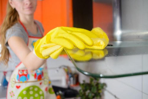 Cleaning supplies and tidy office desks in a local E17 workplace