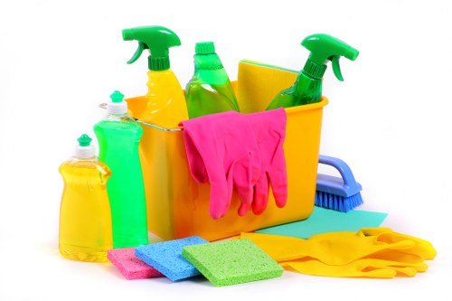 Carpet cleaning team preparing a safe workspace before cleaning